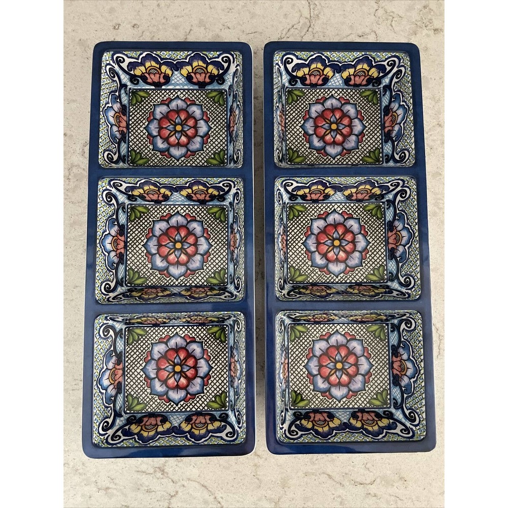 Set 2 Melamine 3 Bowl Section Divided Serving Dish Tray Blue Mosaic Taco Prepara